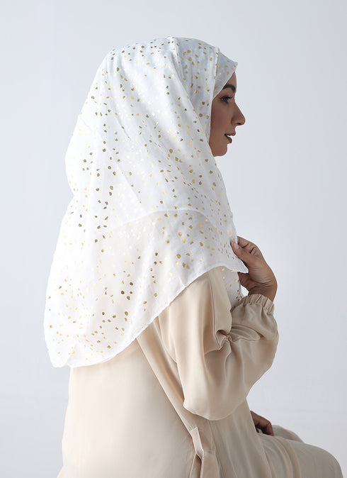 Lawn Hijabs With Golden Dotted Embossed Design-White