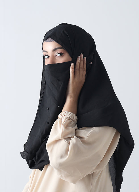 Double Loop Hijab With Pearl Niqab - Black