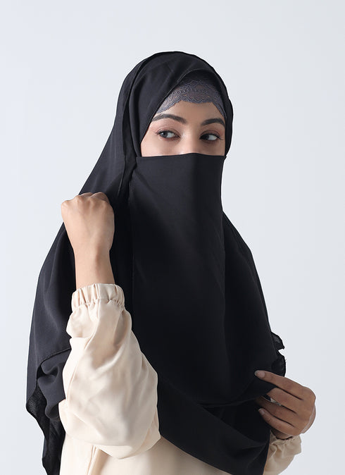 Double Loop Hijab With Attached Niqab -- Plain Black