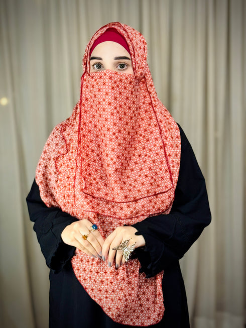 Double Loop Hijab With Attached Niqab - Printed Rust