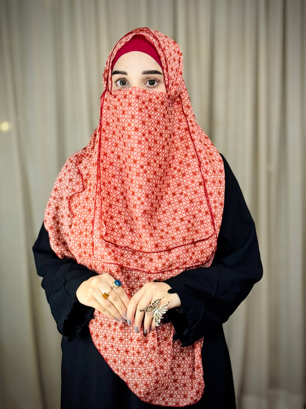 Double Loop Hijab With Attached Niqab - Printed Rust