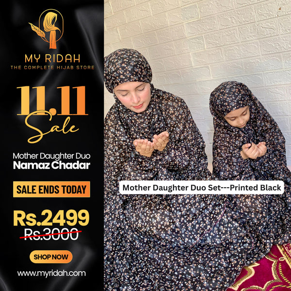 Mother & Daughter's Same Design Namaz Chaddar - Printed Black