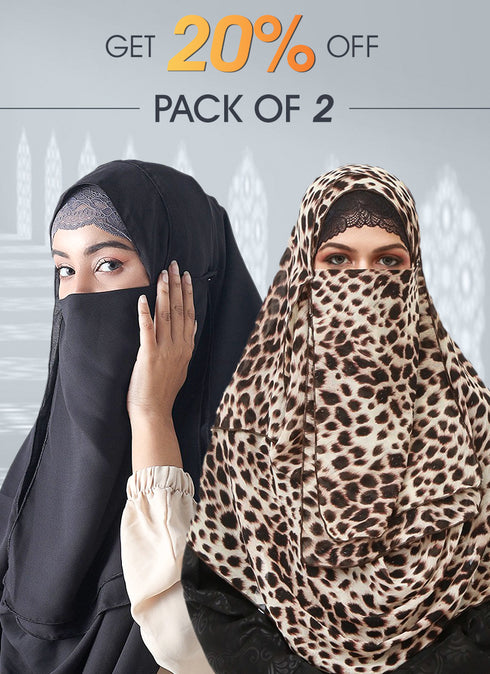 SALE OFFER --- Pack Of 2 Printed Double Loop Hijab With Attached Niqab