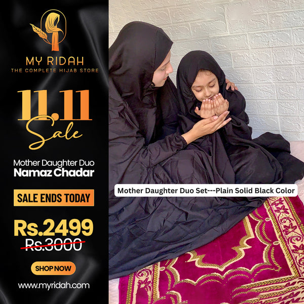 Mother & Daughter's Same Design Namaz Chaddar---Plain Black