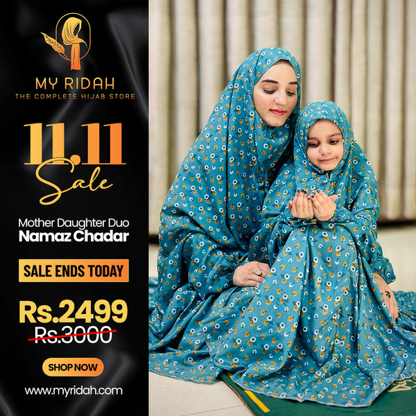 Mother & Daughter's Same Design Namaz Chaddar---Printed Sea Green