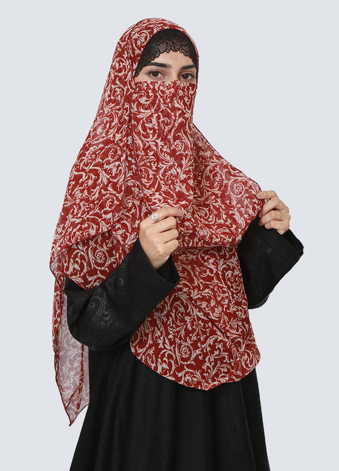 Double Loop Hijab With Attached Niqab - Printed Maroon