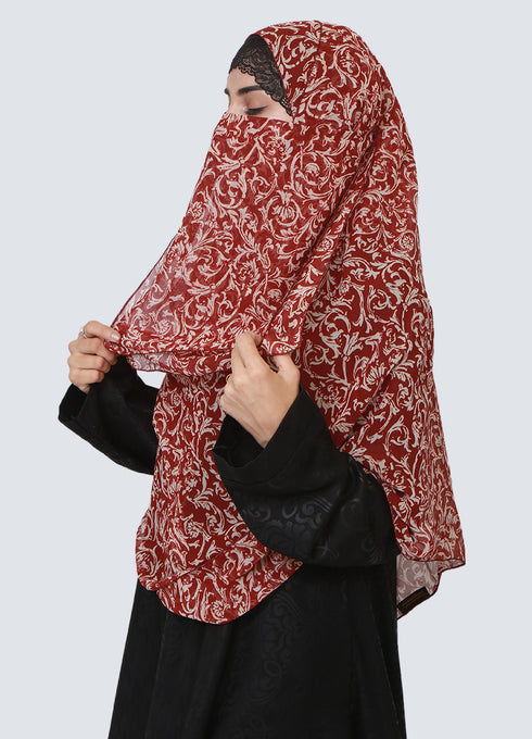 Double Loop Hijab With Attached Niqab - Printed Maroon