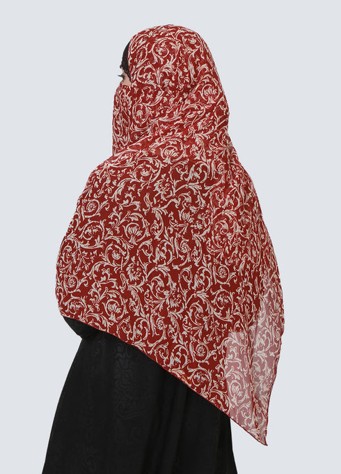 Double Loop Hijab With Attached Niqab - Printed Maroon