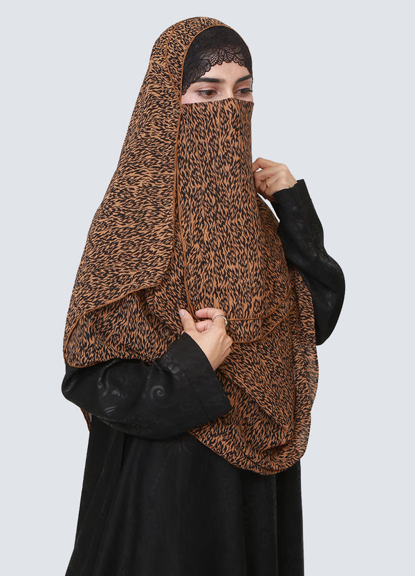 Double Loop Hijab With Attached Niqab - Printed Chestnut Brown