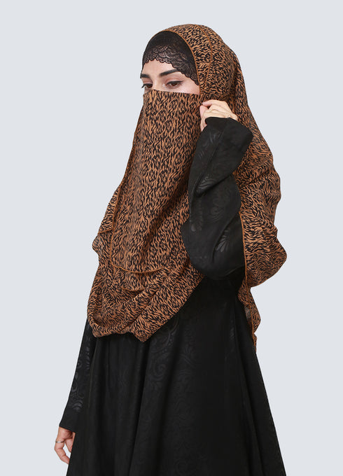 Double Loop Hijab With Attached Niqab - Printed Chestnut Brown