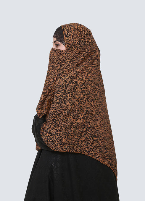 Double Loop Hijab With Attached Niqab - Printed Chestnut Brown