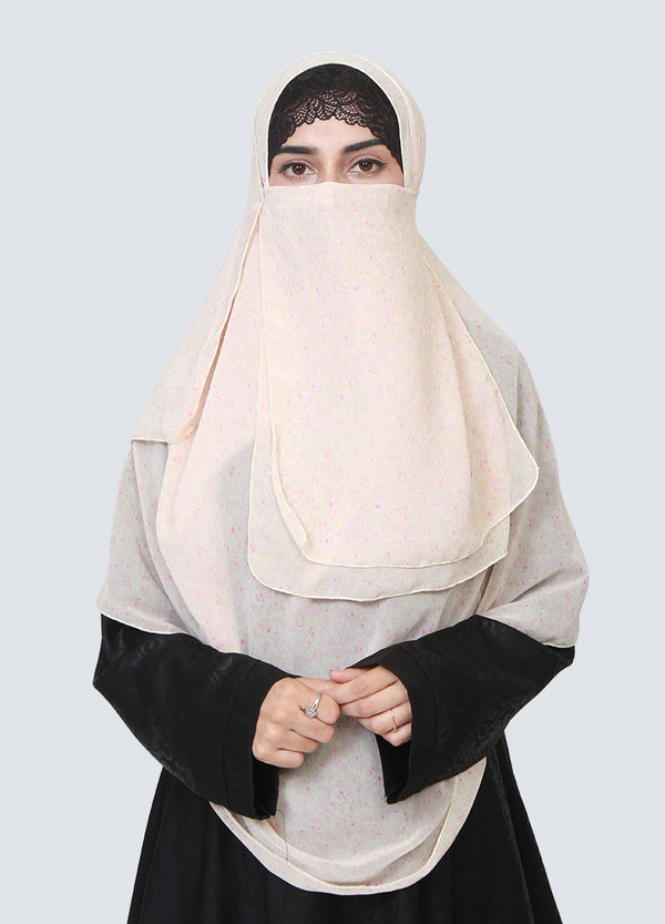 Double Loop Hijab With Attached Niqab - Printed White Luna