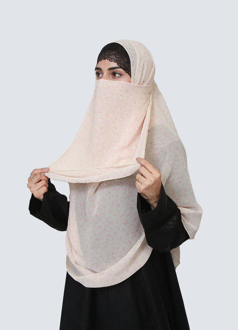 Double Loop Hijab With Attached Niqab - Printed White Luna