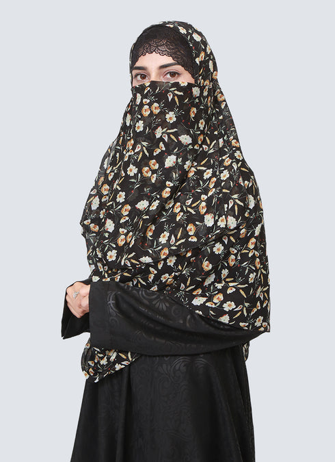 Double Loop Hijab With Attached Niqab - Printed Black Fauna