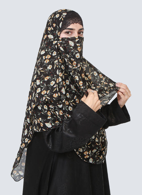 Double Loop Hijab With Attached Niqab - Printed Black Fauna