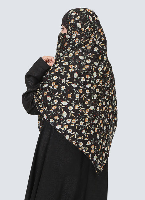 Double Loop Hijab With Attached Niqab - Printed Black Fauna