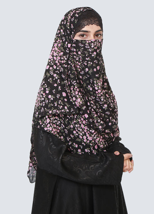 Double Loop Hijab With Attached Niqab - Printed Black With Pink Flower
