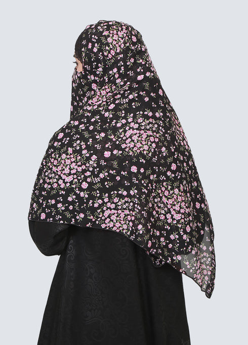 Double Loop Hijab With Attached Niqab - Printed Black With Pink Flower