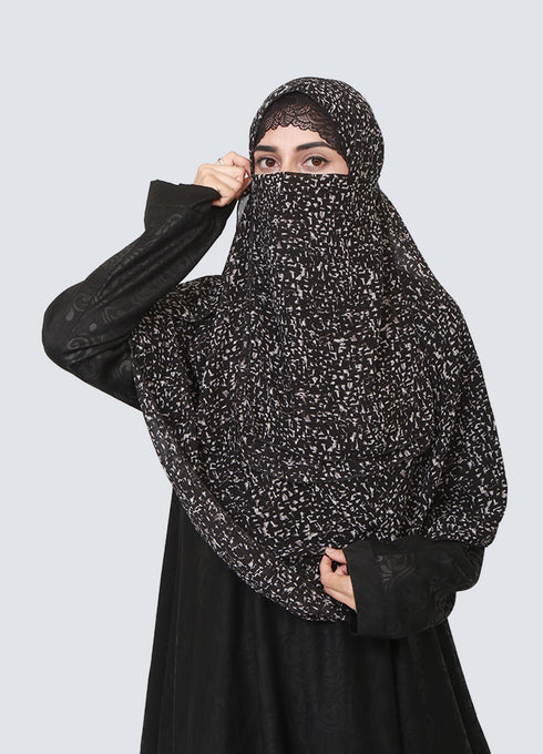 Double Loop Hijab With Attached Niqab - Printed Black Trixie