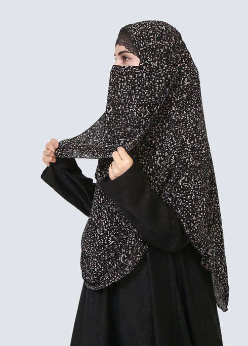 Double Loop Hijab With Attached Niqab - Printed Black Trixie