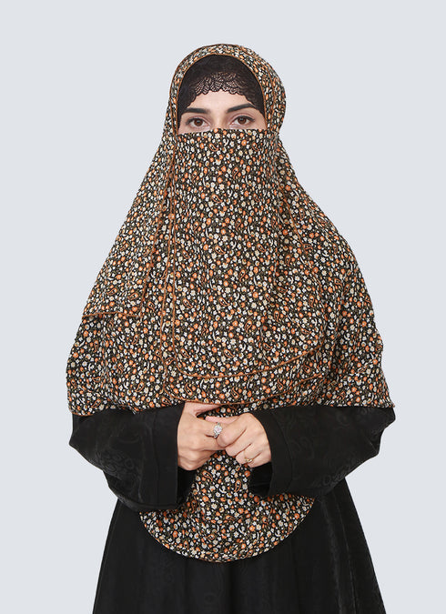 Double Loop Hijab With Attached Niqab - Printed Black Multi Flower