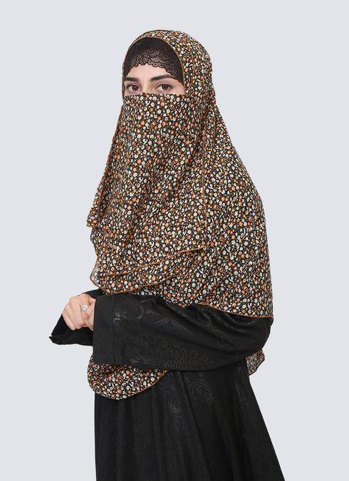 Double Loop Hijab With Attached Niqab - Printed Black Multi Flower
