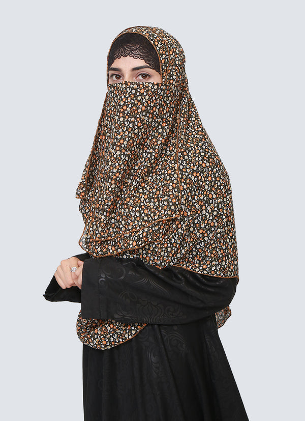 Double Loop Hijab With Attached Niqab - Printed Black Multi Flower