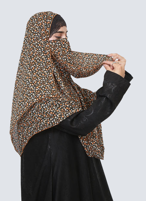 Double Loop Hijab With Attached Niqab - Printed Black Multi Flower