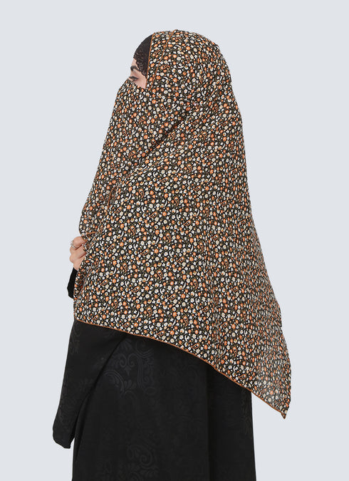 Double Loop Hijab With Attached Niqab - Printed Black Multi Flower