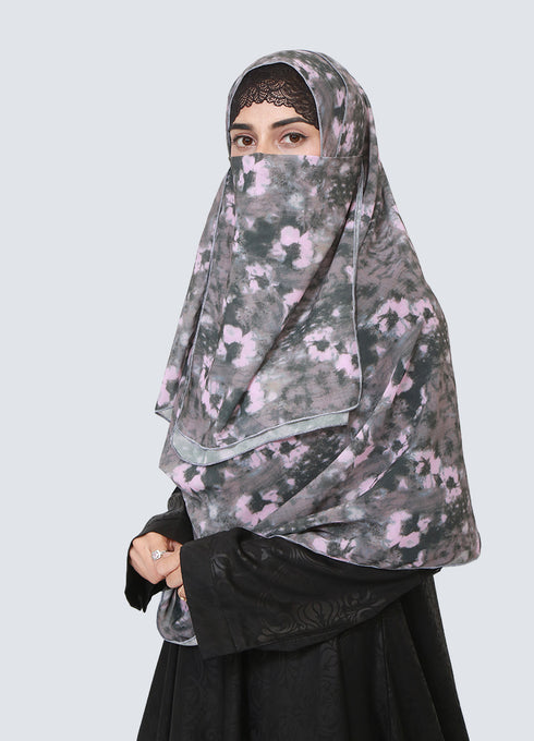 Double Loop Hijab With Attached Niqab - Printed Grey Erica