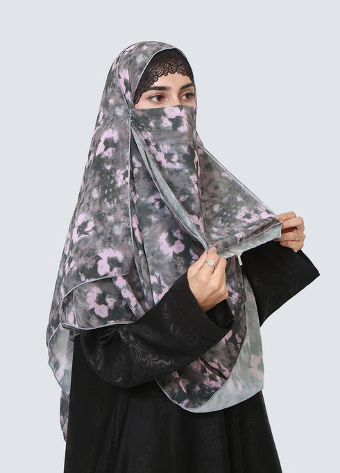 Double Loop Hijab With Attached Niqab - Printed Grey Erica
