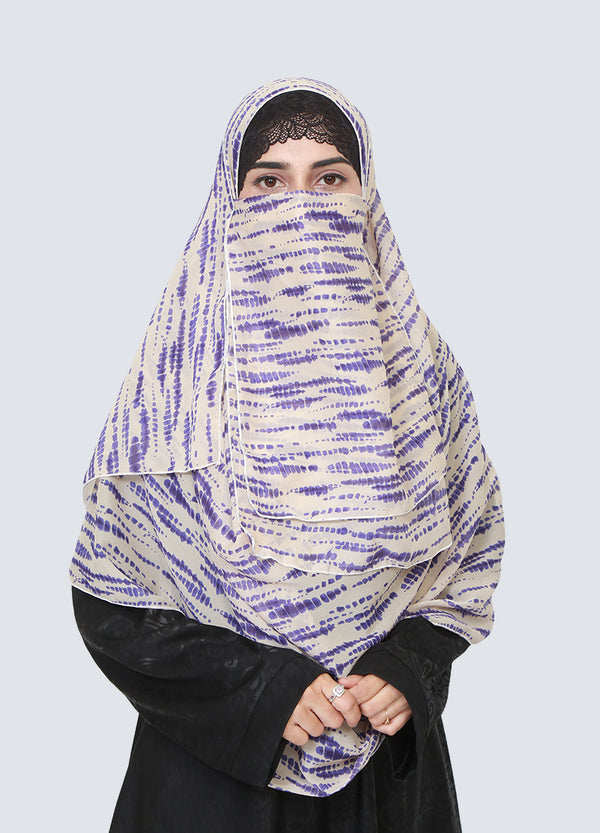 Double Loop Hijab With Attached Niqab - Printed Blue Tie & Dye