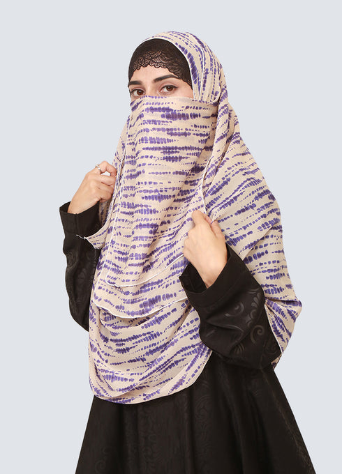 Double Loop Hijab With Attached Niqab - Printed Blue Tie & Dye