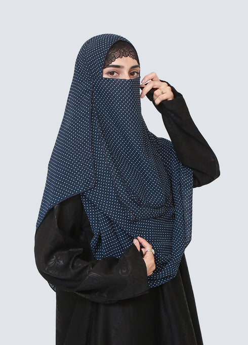 Double Loop Hijab With Attached Niqab - Printed Navy Blue Dotted