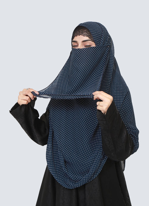 Double Loop Hijab With Attached Niqab - Printed Navy Blue Dotted