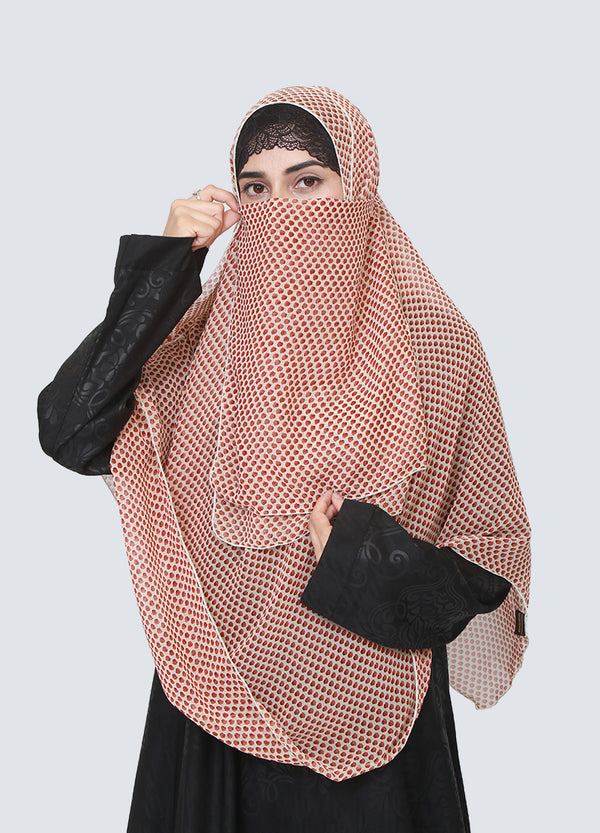 Double Loop Hijab With Attached Niqab - Printed Cream & Cherry