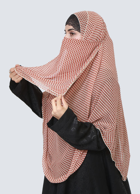 Double Loop Hijab With Attached Niqab - Printed Cream & Cherry