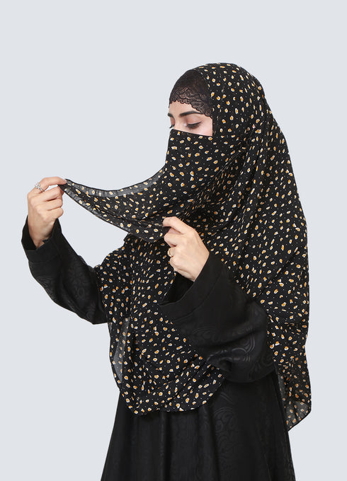 Double Loop Hijab With Attached Niqab - Printed Black With Yellow Flower
