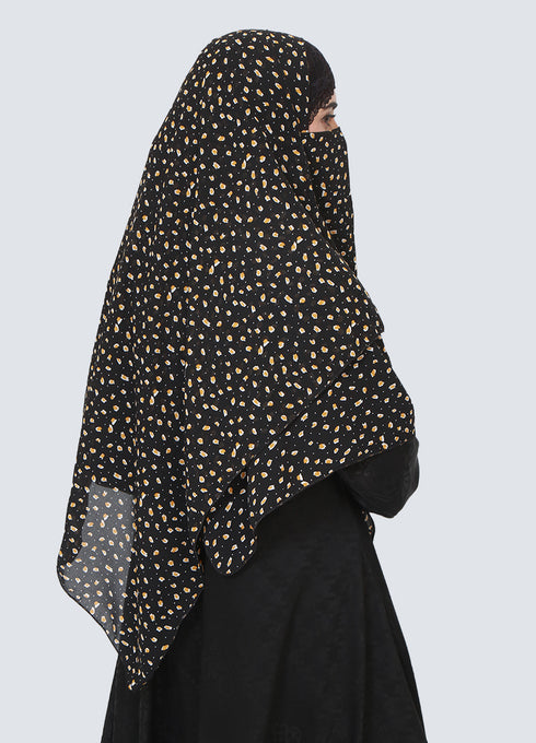 Double Loop Hijab With Attached Niqab - Printed Black With Yellow Flower
