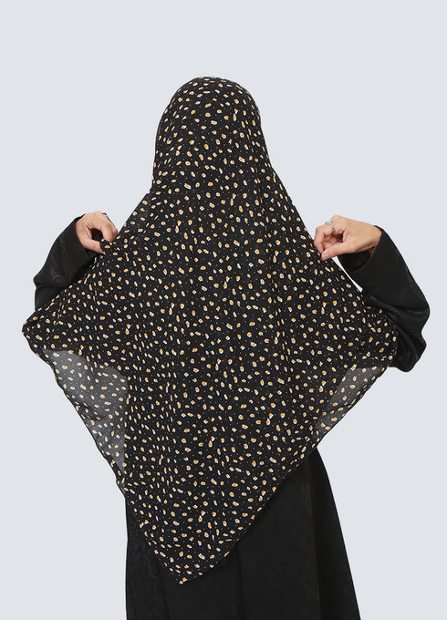 Double Loop Hijab With Attached Niqab - Printed Black With Yellow Flower