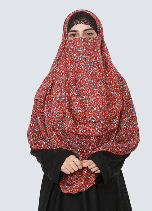 Lawn Double Loop Hijab With Attached Niqab - Printed Maroon