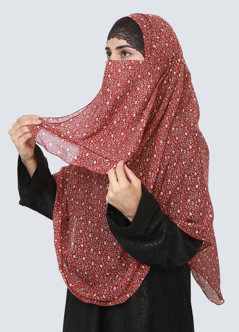 Lawn Double Loop Hijab With Attached Niqab - Printed Maroon