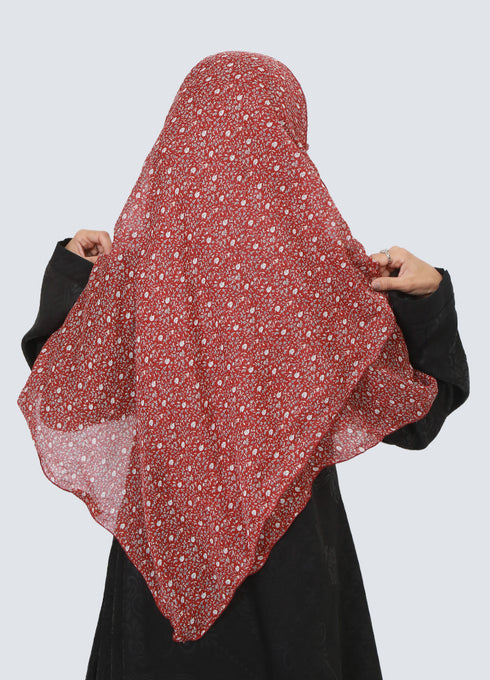 Lawn Double Loop Hijab With Attached Niqab - Printed Maroon