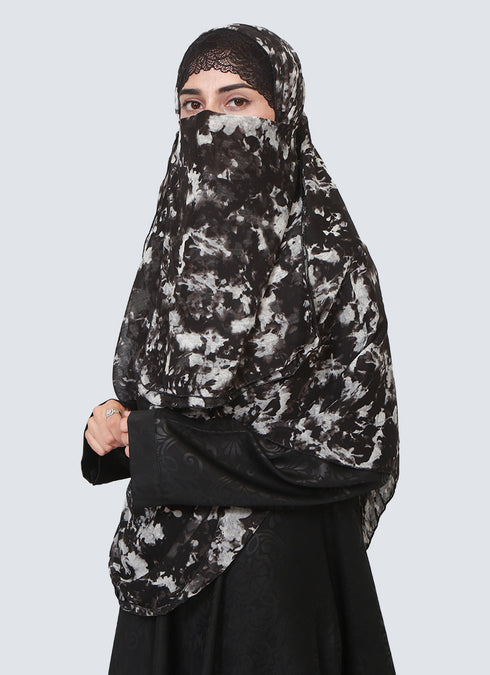 Double Loop Hijab With Attached Niqab - Printed Black Hazel