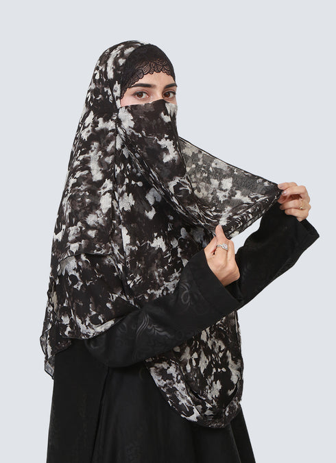 Double Loop Hijab With Attached Niqab - Printed Black Hazel