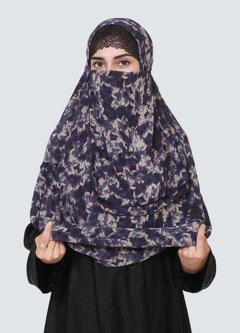 Double Loop Hijab With Attached Niqab - Printed Navy Blue Marble