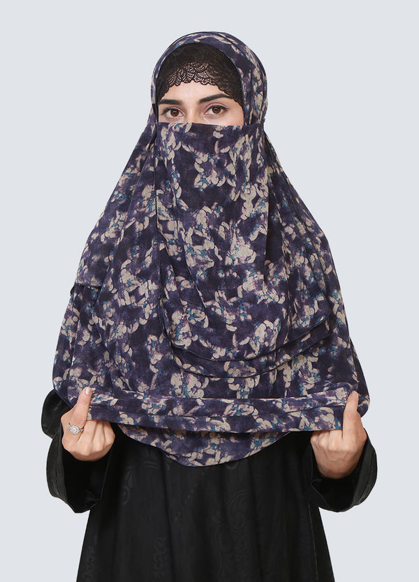 Double Loop Hijab With Attached Niqab - Printed Navy Blue Marble