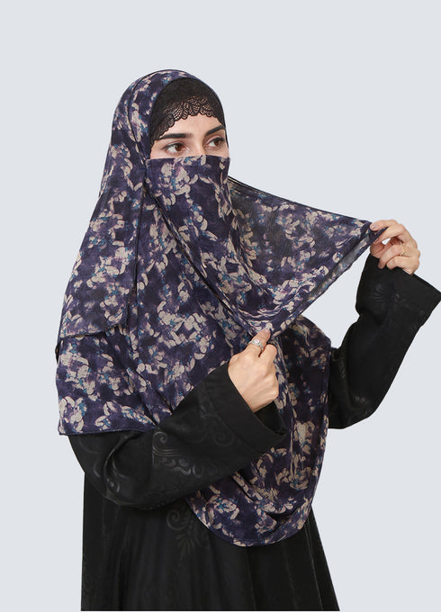 Double Loop Hijab With Attached Niqab - Printed Navy Blue Marble
