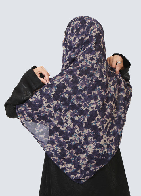 Double Loop Hijab With Attached Niqab - Printed Navy Blue Marble