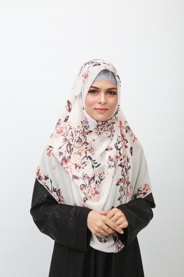 Double Loop Hijab Without Niqab--Printed Brown Flower On White